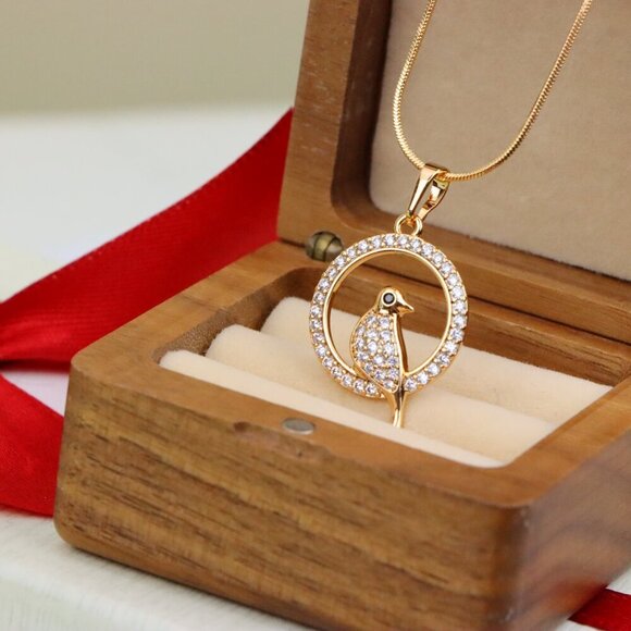 "Rose Gold Bird Pendant with Sparkling Crystals in Circular Frame, XPPT1525 - Picture 9 of 13